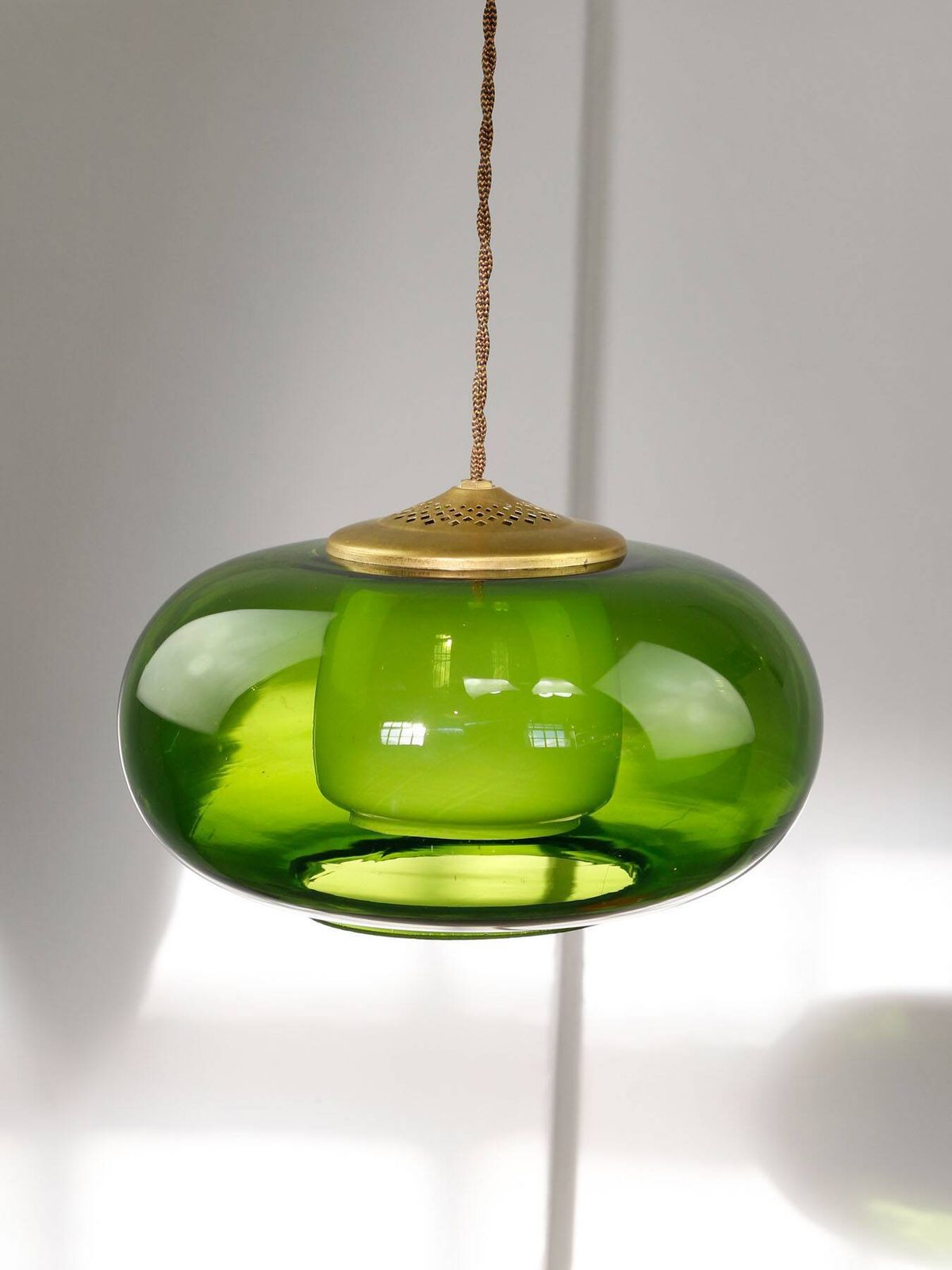 Mid Century Italian Green Glass & Brass Pendant Lamp, 60s photo vinterior