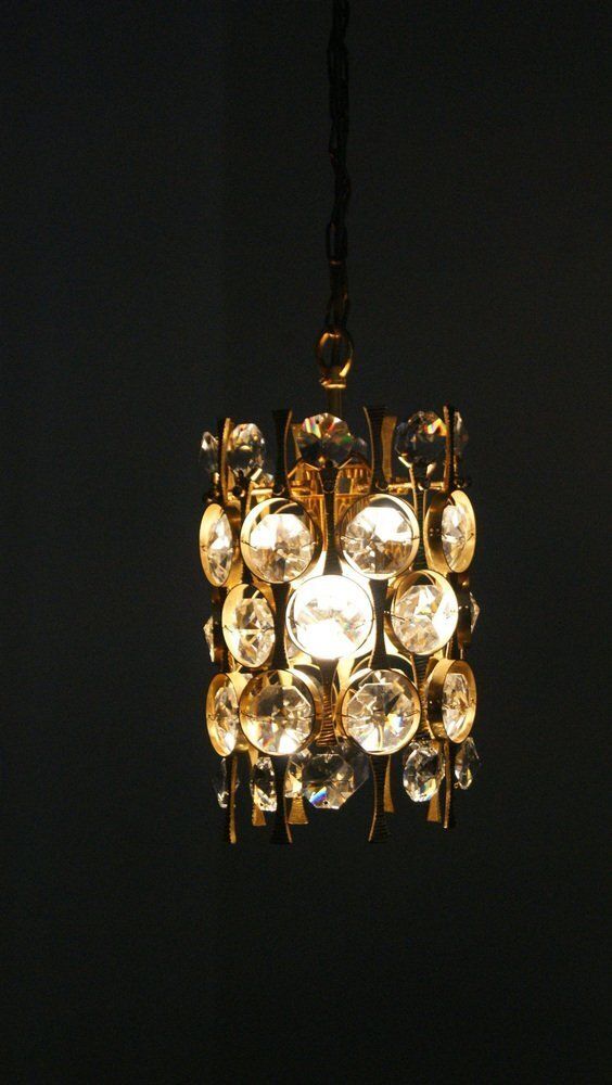 Hollywood Regency Brass & Crystal Glass Ceiling Lamp By Christoph Palme For Palwa photo vinterior