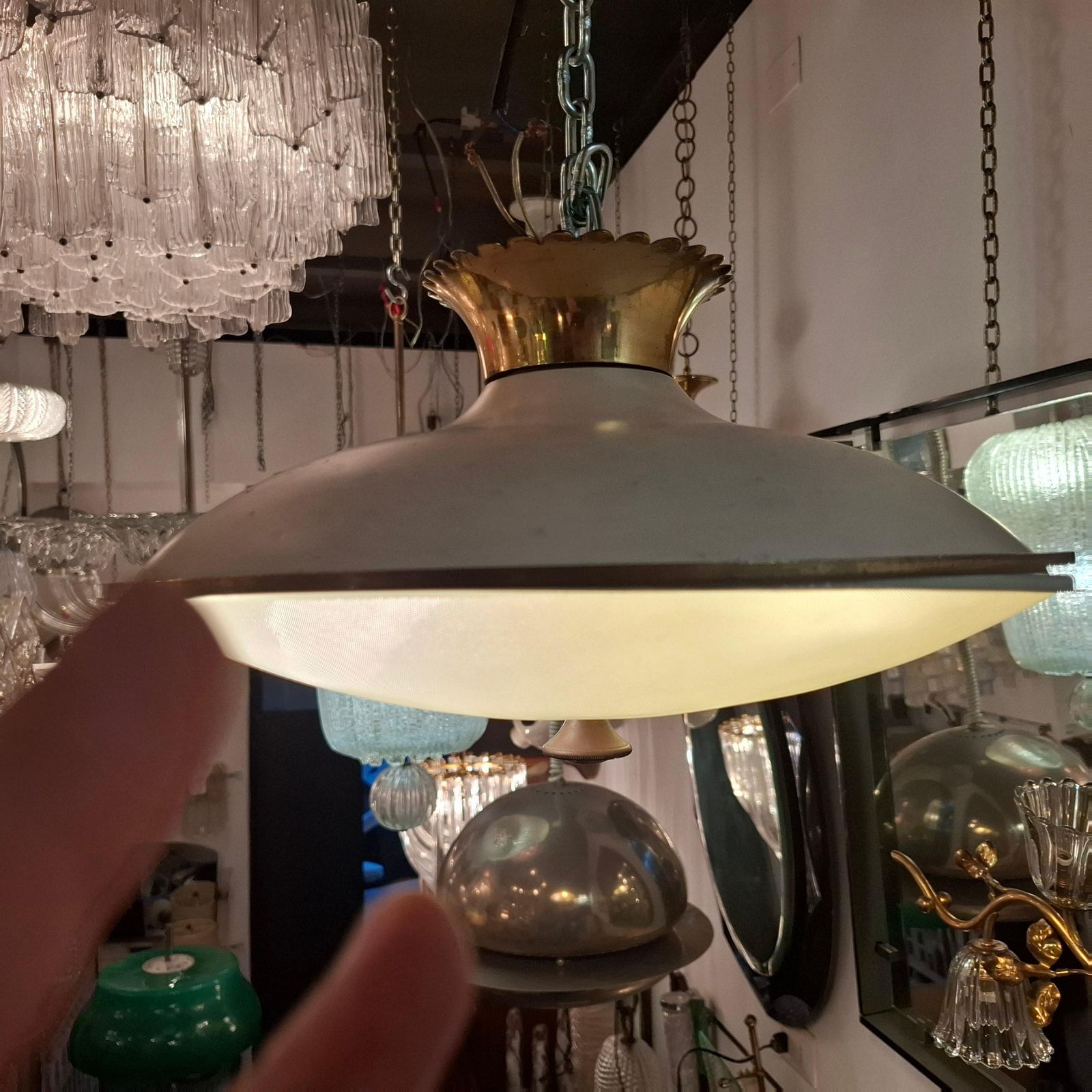 Fontana Arte Chandelier/Ceilling Light Brass Glass Metal, 1950, Italy photo vintage