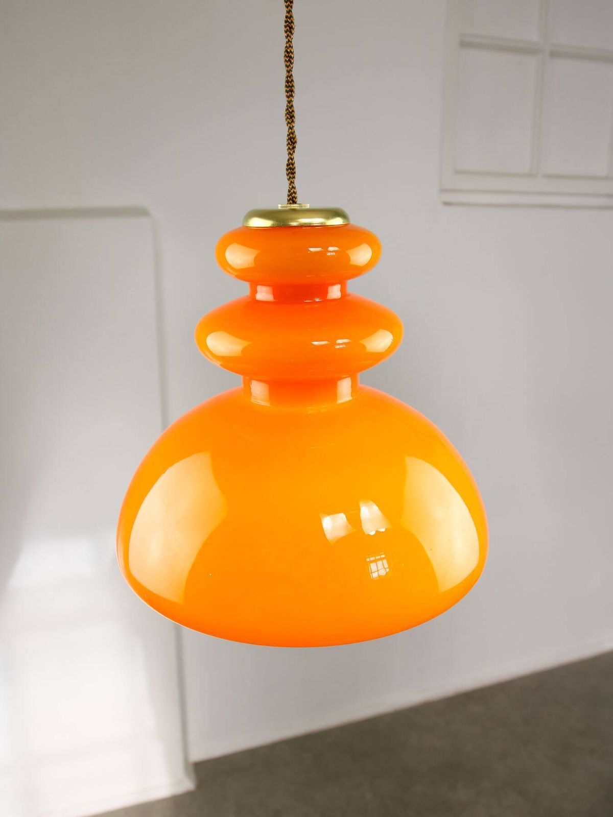 Mid Century Italian Orange Glass & Brass Pendant Lamp, 60s photo vinterior