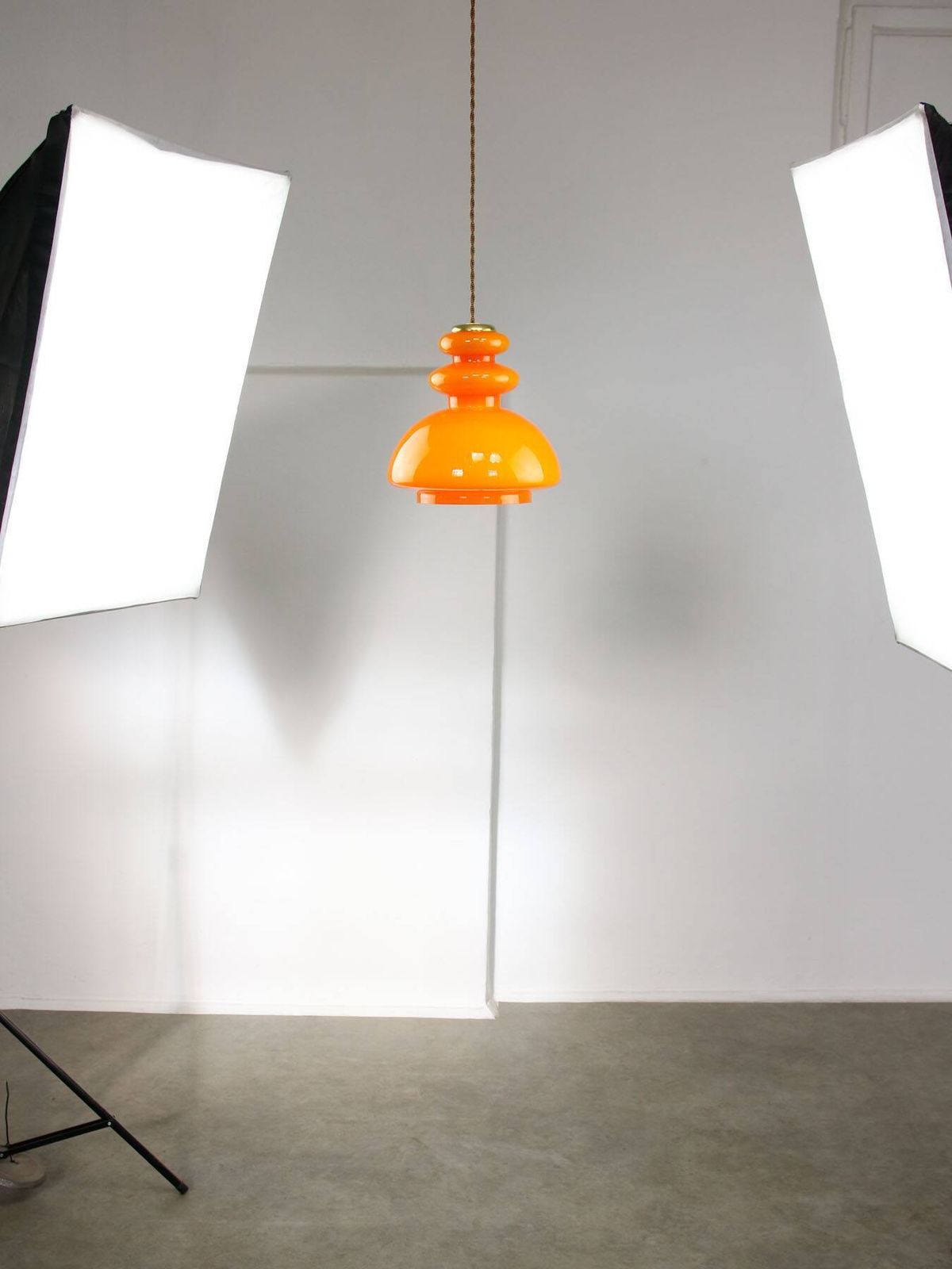 644.0 Mid Century Italian Orange Glass & Brass Pendant Lamp, 60s photo