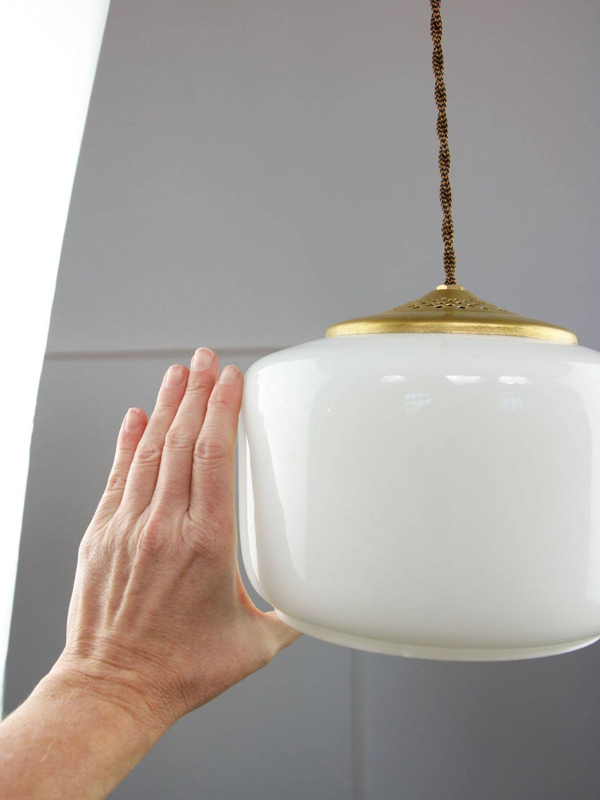 photo furniture Mid Century Italian Opaline Glass & Brass Pendant Lamp, 60s