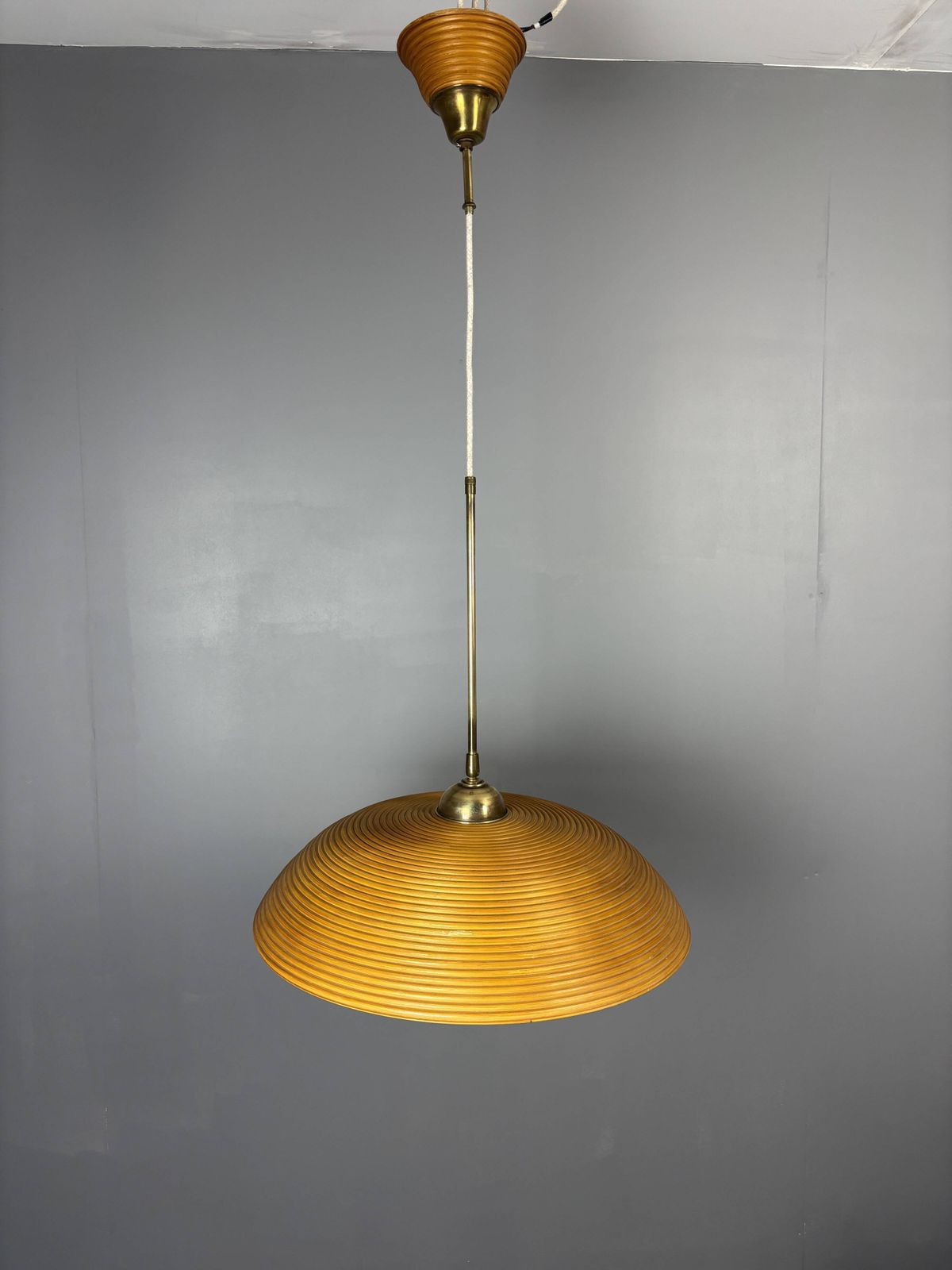 Set Of 3 Midcentury Rattan Bamboo Pencil Reed Hanging Pendants, Italy 1970s photo Lighting