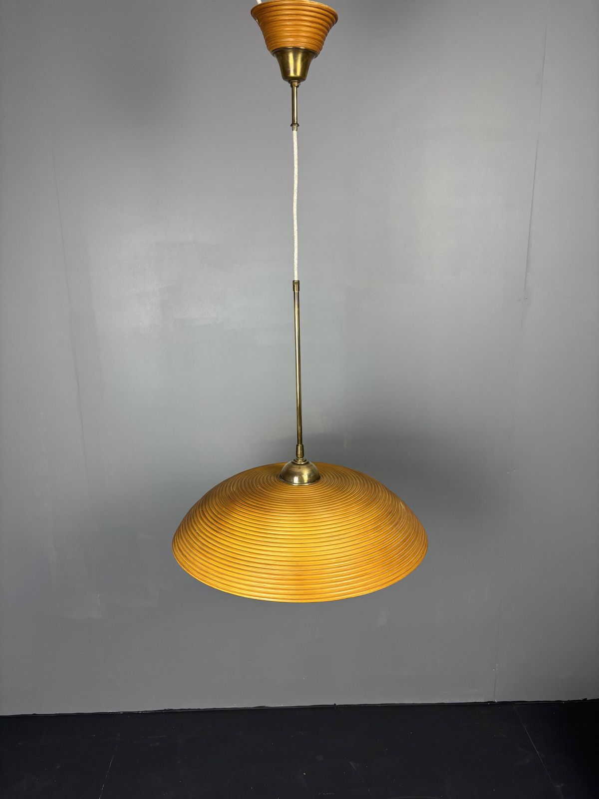 Set Of 3 Midcentury Rattan Bamboo Pencil Reed Hanging Pendants, Italy 1970s photo vinterior