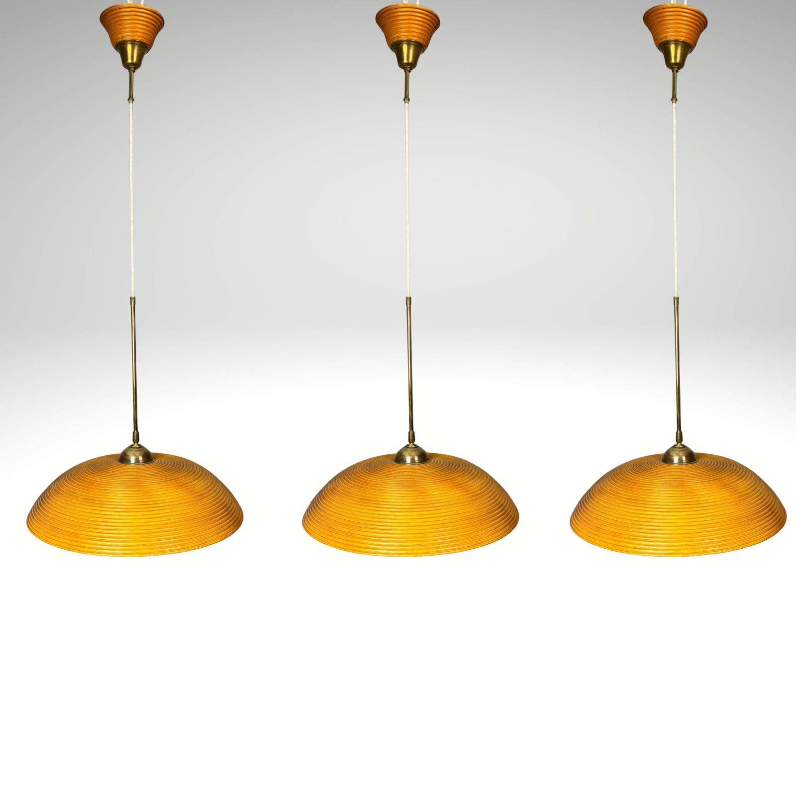 photo buy Set Of 3 Midcentury Rattan Bamboo Pencil Reed Hanging Pendants, Italy 1970s