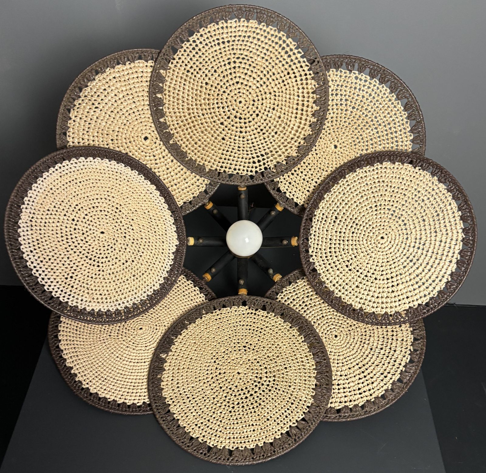 Midcentury Uchiwa Fan Macrame Fiber Rattan Hanging Pendant Lamp, 1970s photo Lighting