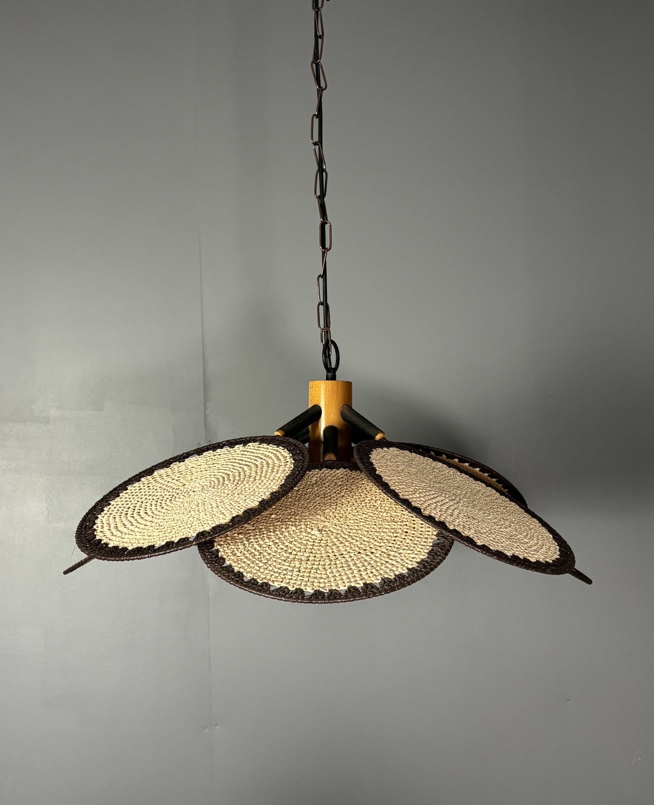 Midcentury Uchiwa Fan Macrame Fiber Rattan Hanging Pendant Lamp, 1970s photo vinterior