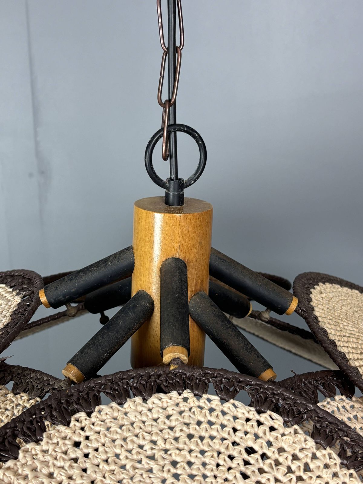 photo for sale Midcentury Uchiwa Fan Macrame Fiber Rattan Hanging Pendant Lamp, 1970s