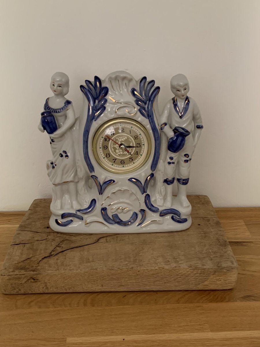 Vintage Porcelain Figure Quartz Fireplace Clock, 1940s photo 641.0