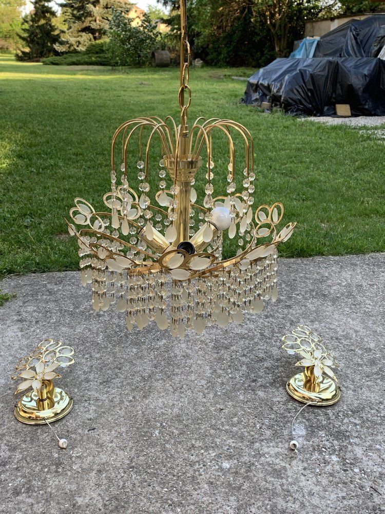 photo for sale Mid Century Italian Brass And Glass Chandelier, 1960s, Set Of 3