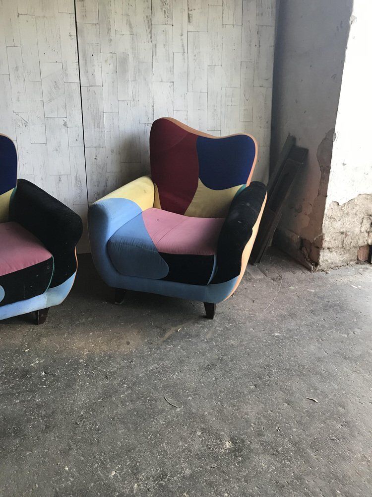 Set Of Mid Century Armchairs In Multicoloured Fabric With Black Painted Legs photo for sale