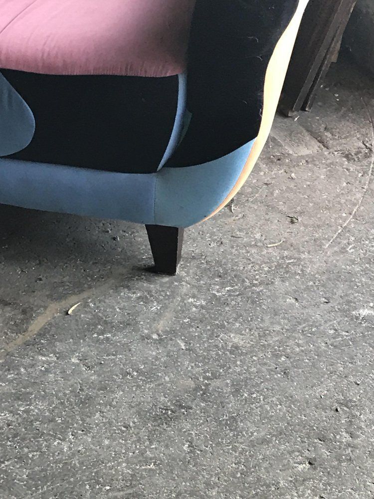Set Of Mid Century Armchairs In Multicoloured Fabric With Black Painted Legs photo vinterior