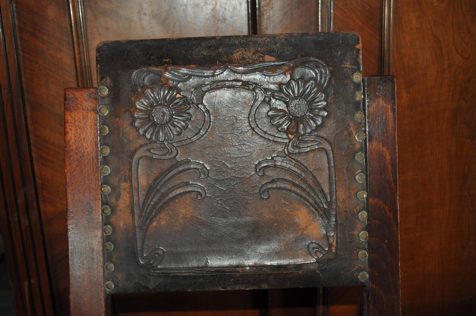 Set Of Antique Embossed Leather Dining Chairs, 1900s photo for sale