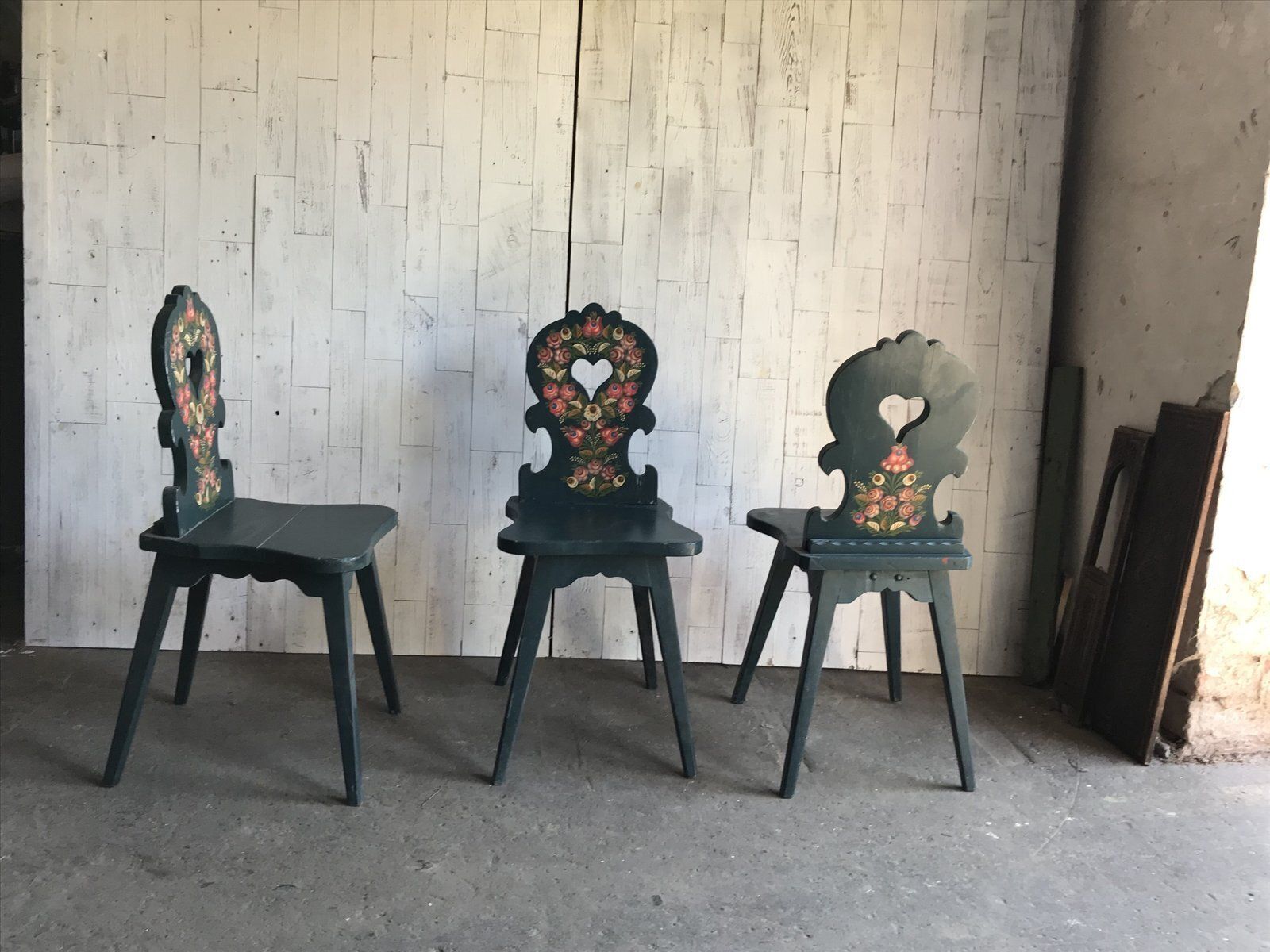 Vintage Hand Painted Wooden Side Chairs, 1920s, Set Of 3 photo vinterior