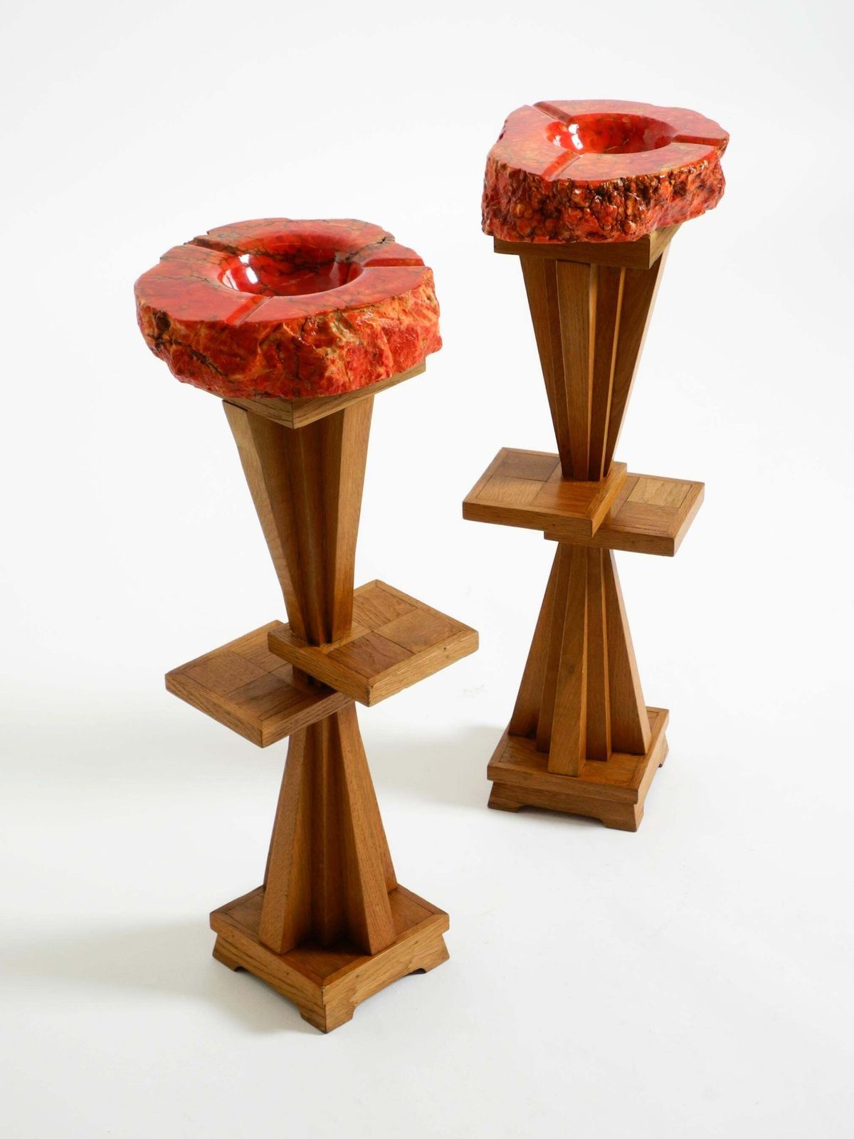 Two Unique Mid Century Standing Ashtrays Consisting Of Red Alabaster Cup photo vinterior