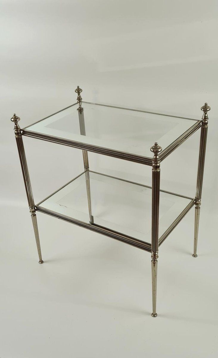 photo furniture Side Table In Silver Plated Brass And Eglomise Glass, France, 1950s