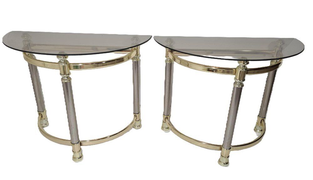 Hollywood Regency Side Tables In Smoked Glass And Gold Brass, 1970s, Set Of 2