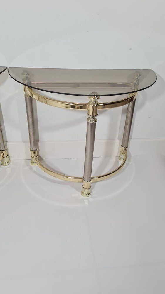 Hollywood Regency Side Tables In Smoked Glass And Gold Brass, 1970s, Set Of 2 photo furniture