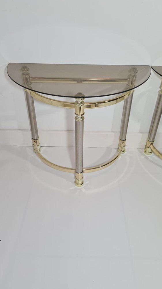 Hollywood Regency Side Tables In Smoked Glass And Gold Brass, 1970s, Set Of 2 photo for sale