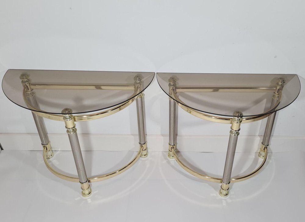 photo furniture Hollywood Regency Side Tables In Smoked Glass And Gold Brass, 1970s, Set Of 2