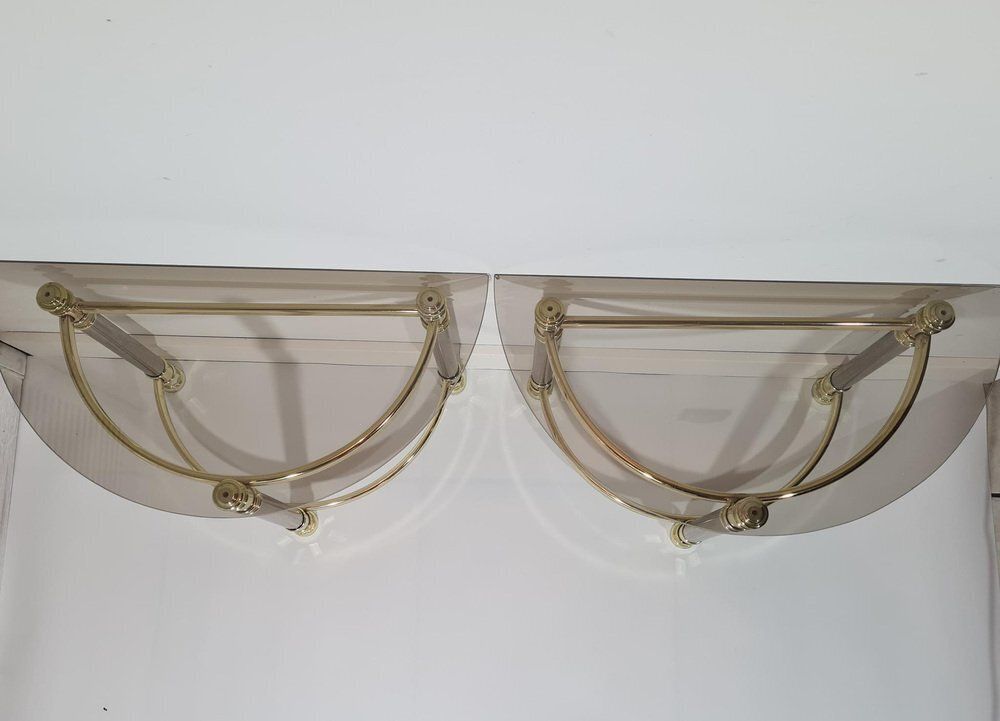 Furniture Hollywood Regency Side Tables In Smoked Glass And Gold Brass, 1970s, Set Of 2 photo