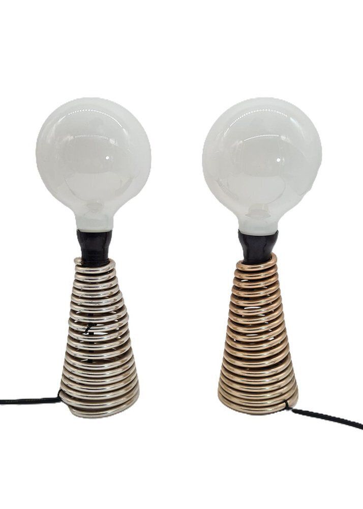 Vintage Table Lamps Aluminium Springs & Large Bulbs, Czechoslovakia, 1970s, Set Of 2