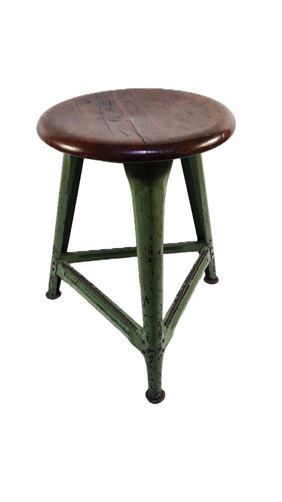 Industrial Stool In Dark Brown Wood And Green Metal, Germany, 1950s