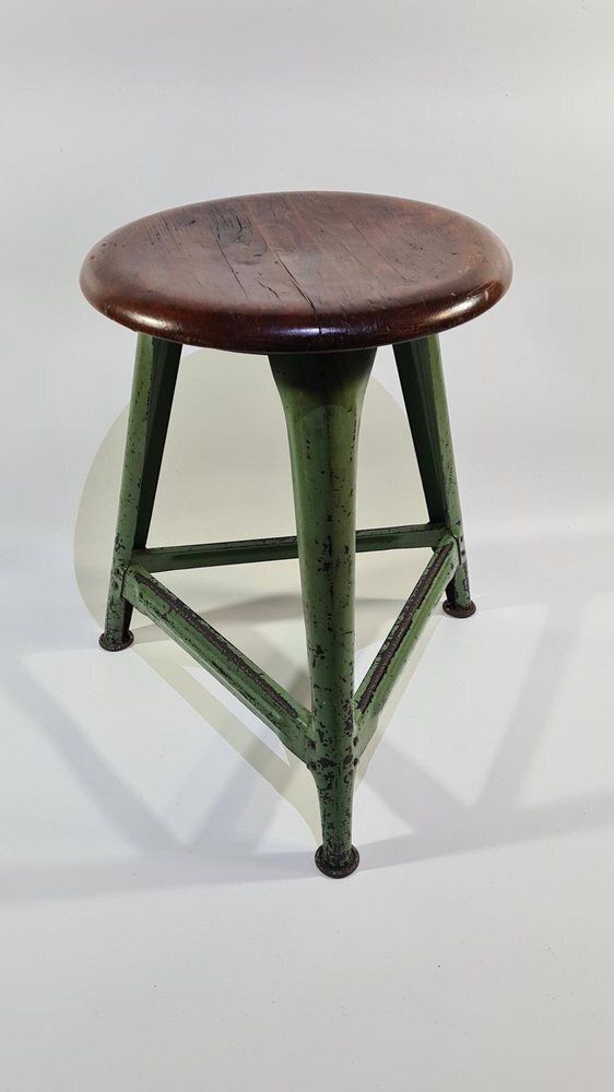 Industrial Stool In Dark Brown Wood And Green Metal, Germany, 1950s photo for sale
