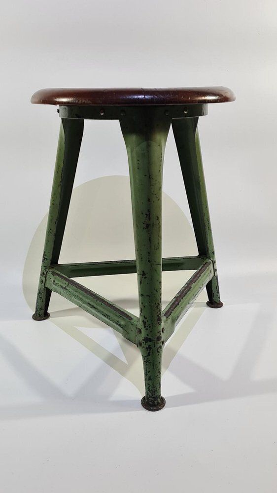 Industrial Stool In Dark Brown Wood And Green Metal, Germany, 1950s photo Furniture