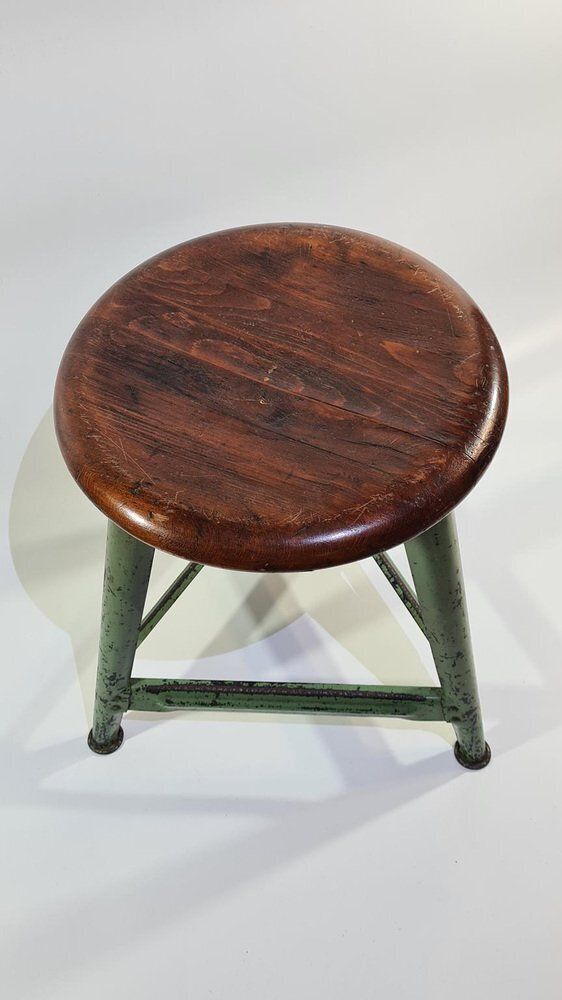 photo furniture Industrial Stool In Dark Brown Wood And Green Metal, Germany, 1950s