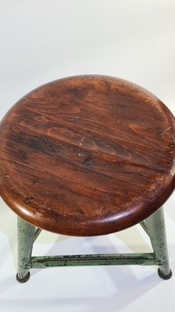 photo vinterior Industrial Stool In Dark Brown Wood And Green Metal, Germany, 1950s