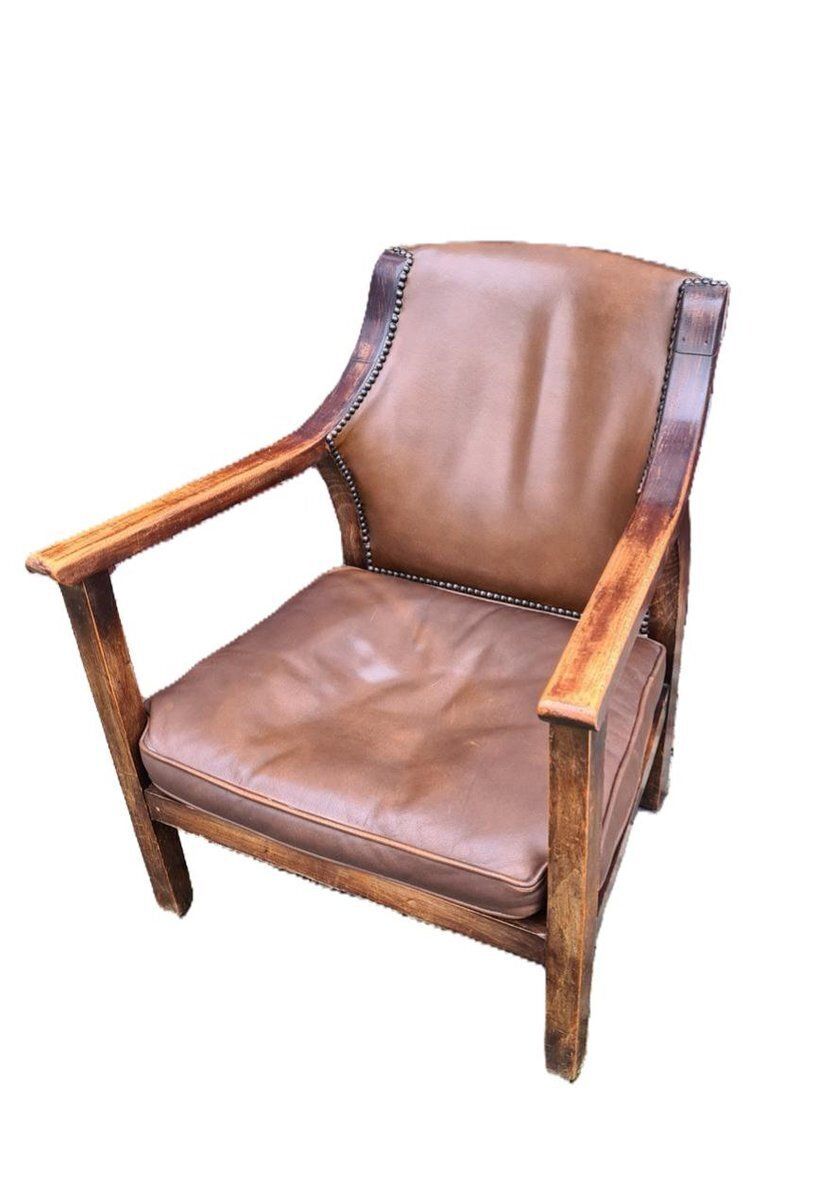 Vintage Chair In Wood And Leather, 1950s