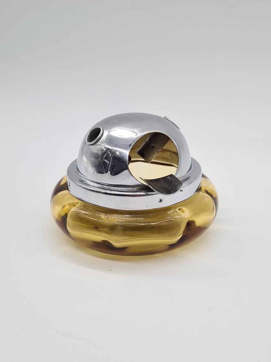 Space Age Ashtray In Orange Glass And Chrome Plated Metal, 1970s