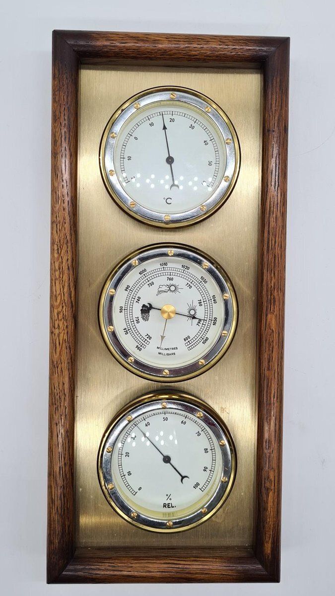Weather Station With Three Analog Indicators In Brass And Wood, 1970s photo 306.0