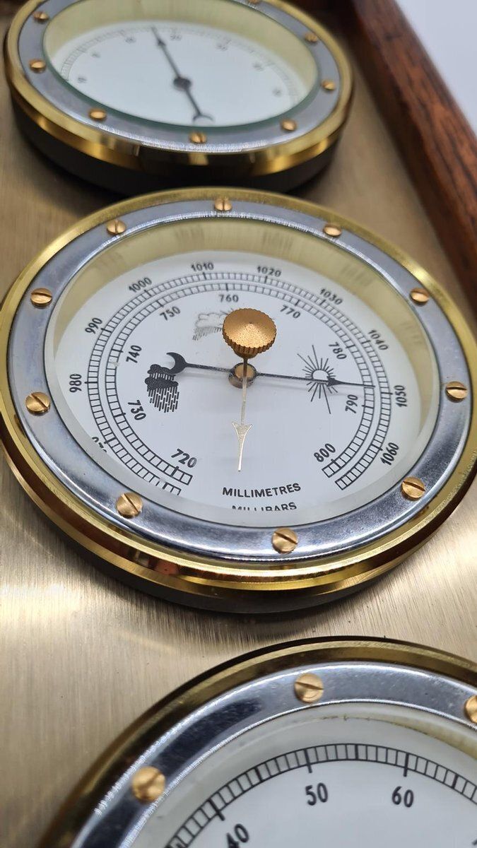 photo furniture Weather Station With Three Analog Indicators In Brass And Wood, 1970s
