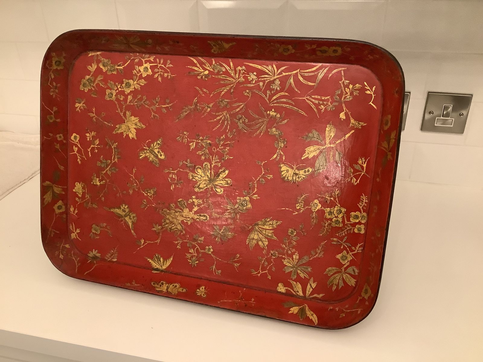 Regency Red Lacquered Chinoiserie Papier Mache Tray By Henry Clay. photo for sale