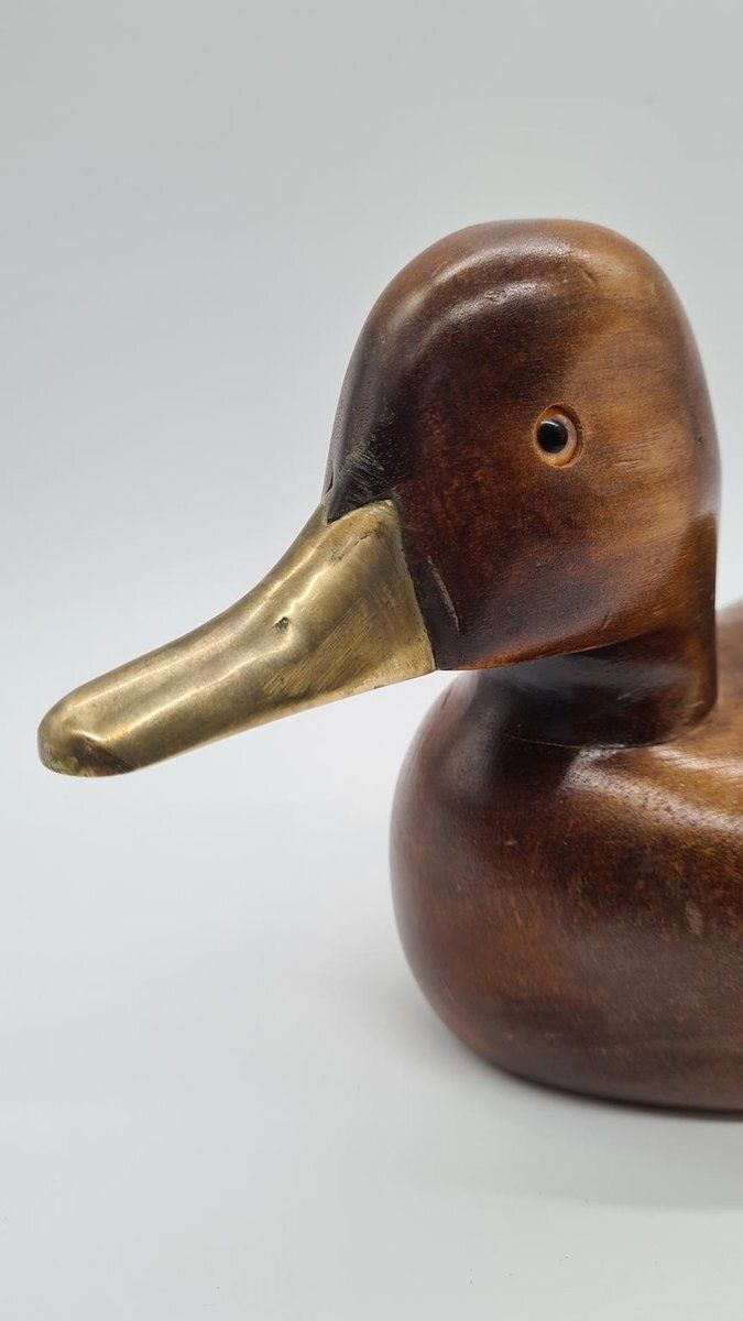 Vintage German Duck Figurine In Light Brown Wood And Brass, 1970s photo vintage