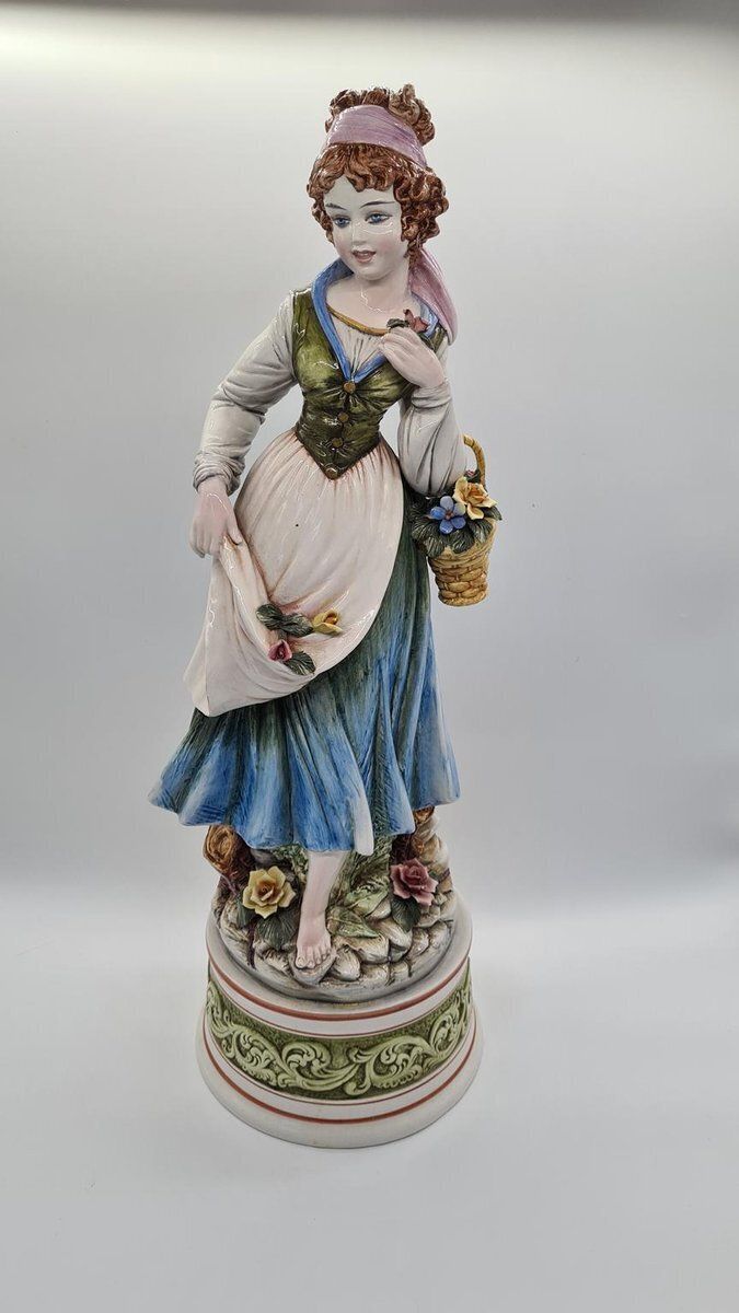 Figure Of Woman Picking Flowers In Ceramic By D. Poloniato, 1980s