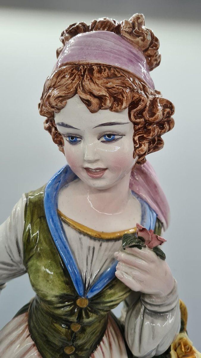 Figure Of Woman Picking Flowers In Ceramic By D. Poloniato, 1980s photo for sale