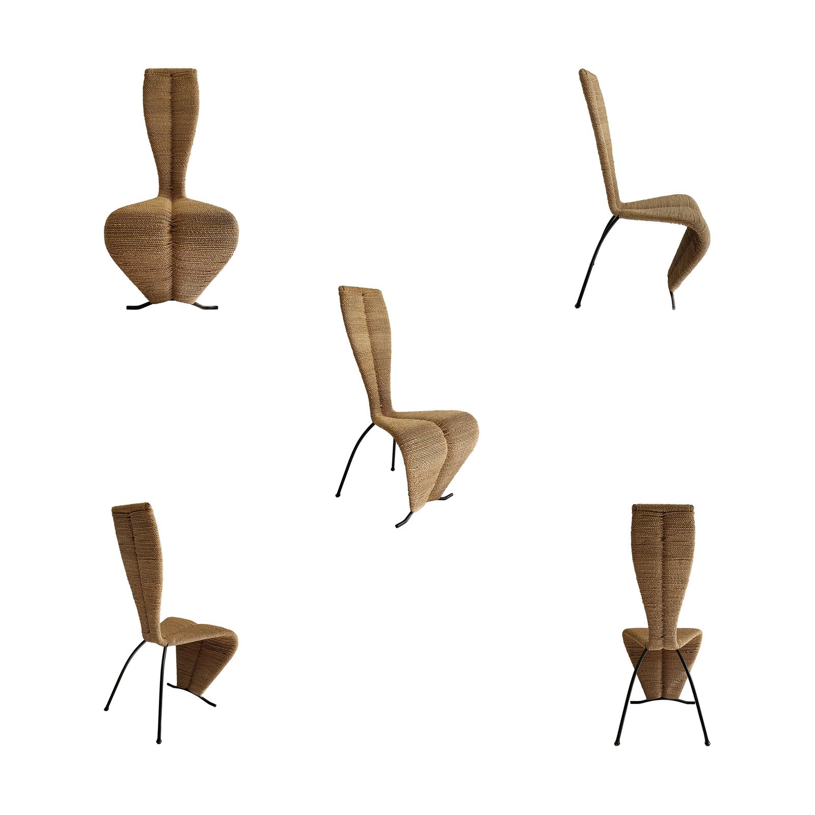 5 X Hourglass Rope Dining Chairs Tom Dixon Style Iron Metal Frame Uk 1980s Postmodern