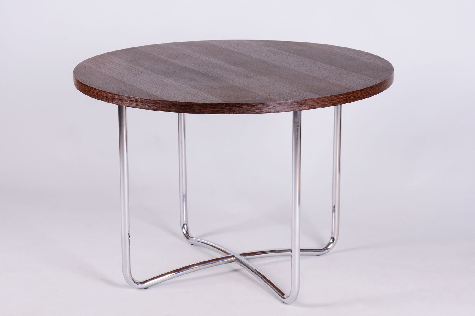 Restored Bauhaus Round Coffee Table, Beech, Wenge, Revived Polish, Czech, 1930s