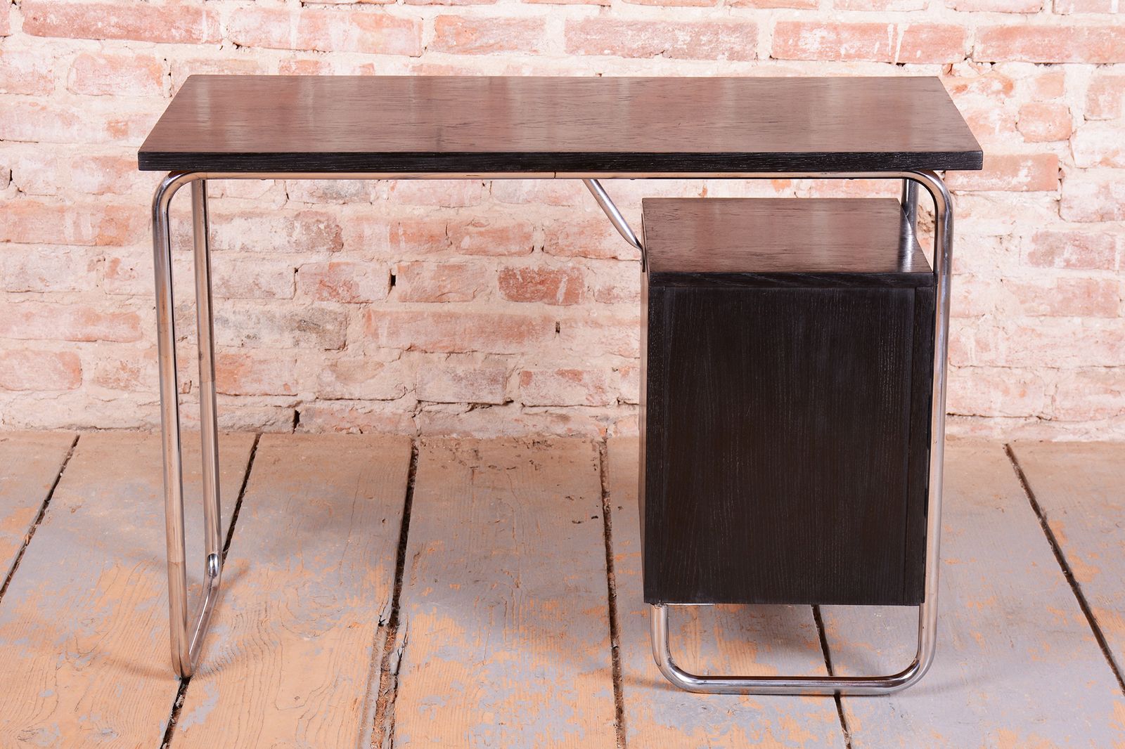Furniture Restored Bauhaus Writing Desk, By Robert Slezák, Oak, Chrome, Czech, 1930s photo