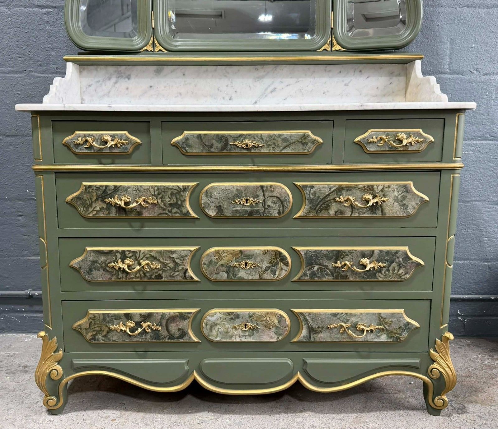 Antique French Louis XV Chest Of Drawers With 3 Way Mirror & Marble Top Upcycled photo for sale
