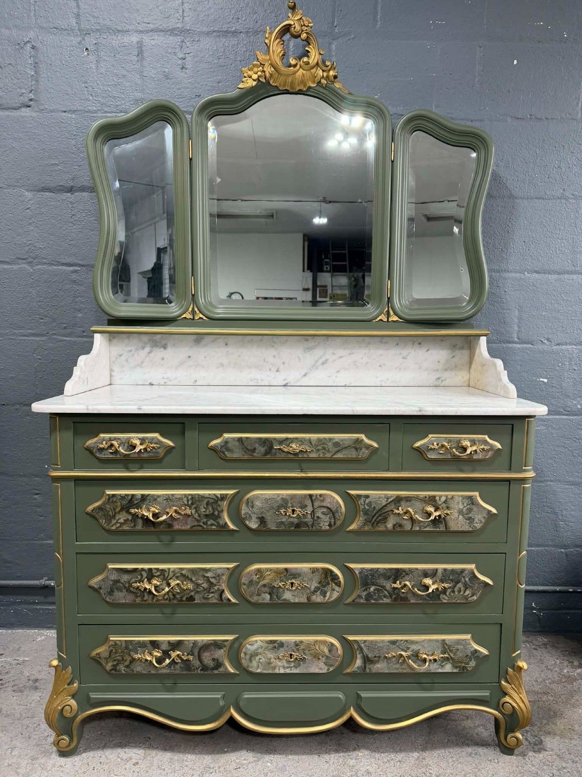 Furniture Antique French Louis XV Chest Of Drawers With 3 Way Mirror & Marble Top Upcycled photo