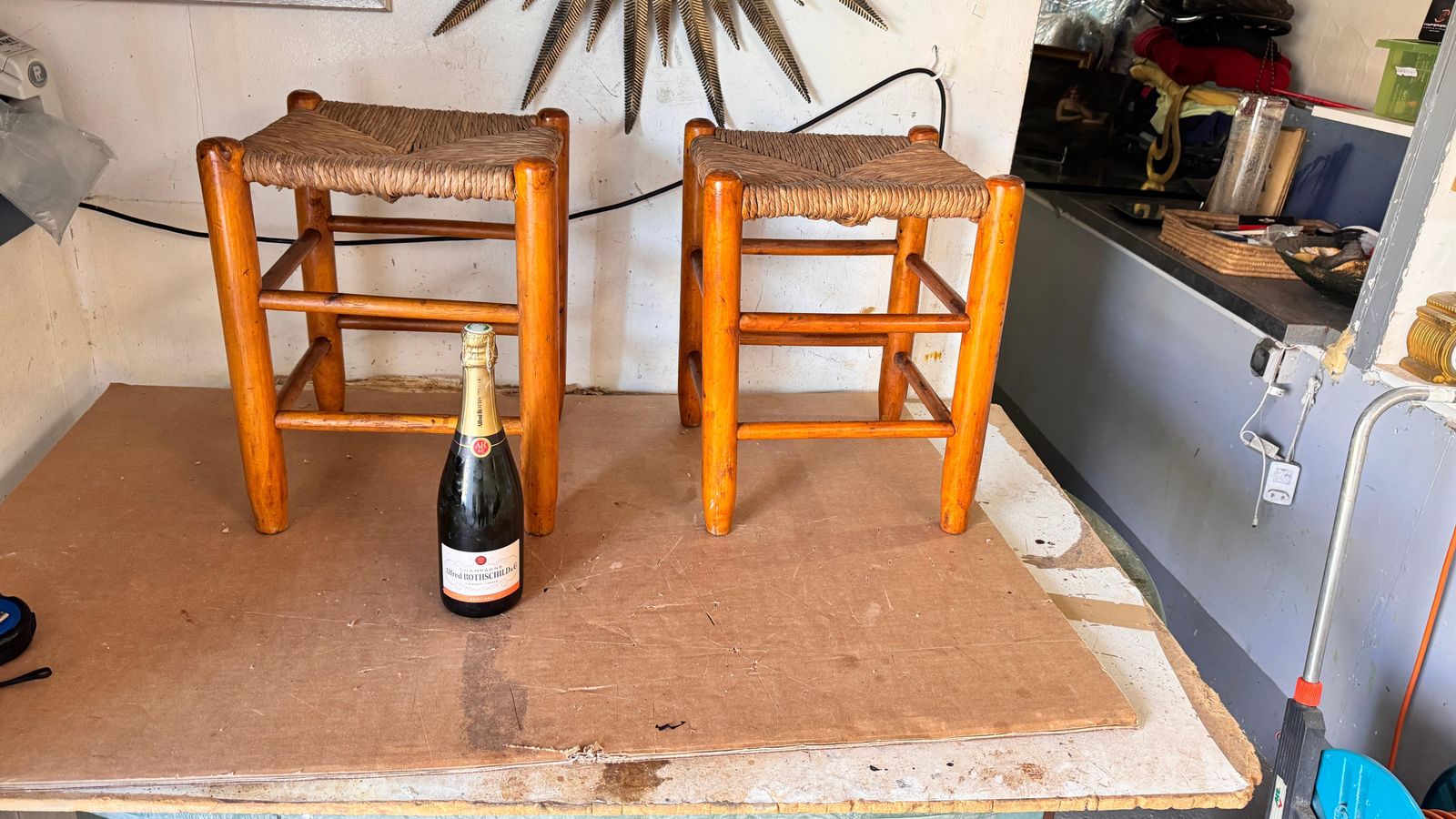 Pair Of 1950s French Stools In The Style Of Charlotte Perriand Wood Woven Straw photo furniture