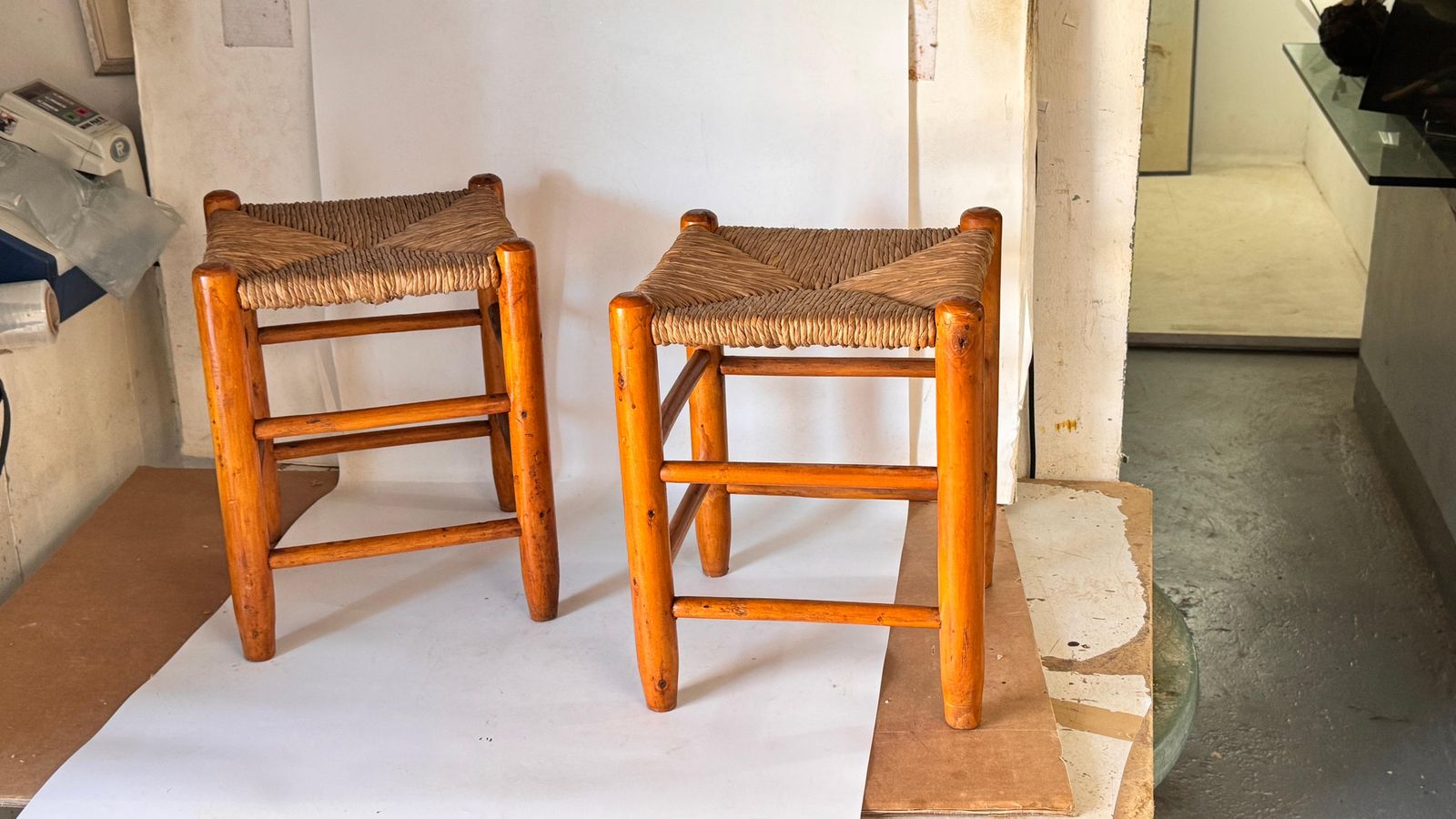 Pair Of 1950s French Stools In The Style Of Charlotte Perriand Wood Woven Straw photo 641.0