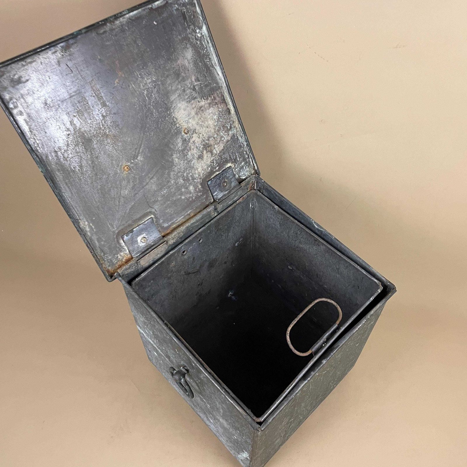 Antique Metal Copper Brass Coal Bucket Side Handles Art Nouveau Square Fire Side Scuttle Farmhouse Patina Vintage Fireplace Box Lidded Lid photo buy