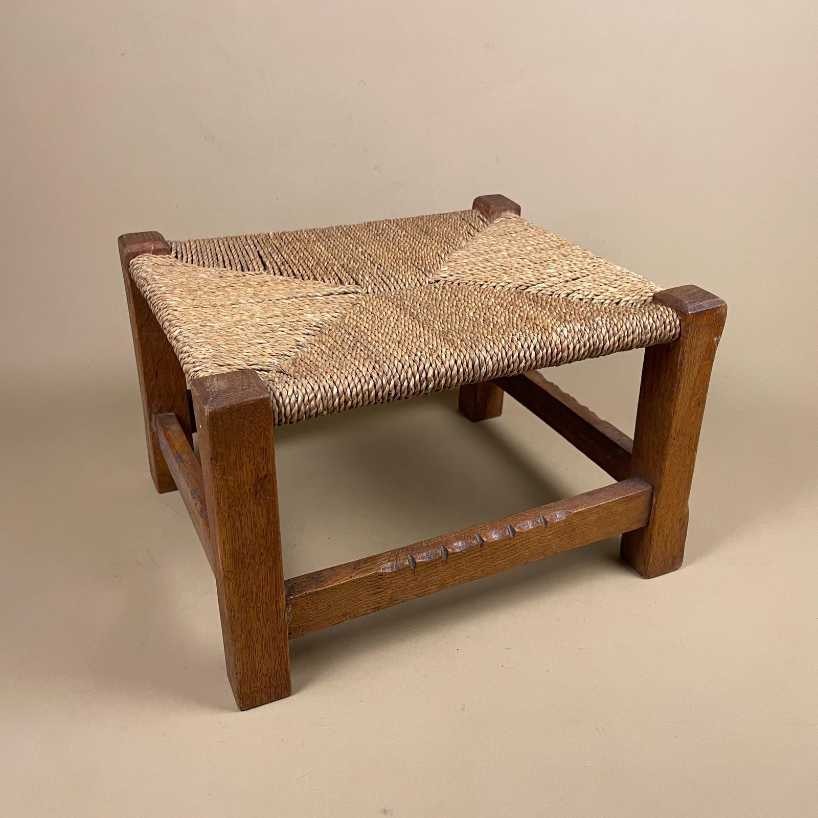 Antique Wooden Stool Woven String Wood Cottage Furniture Rectangle Brown Hallway Seat 22.2x30x34cm Footstool Bench Square