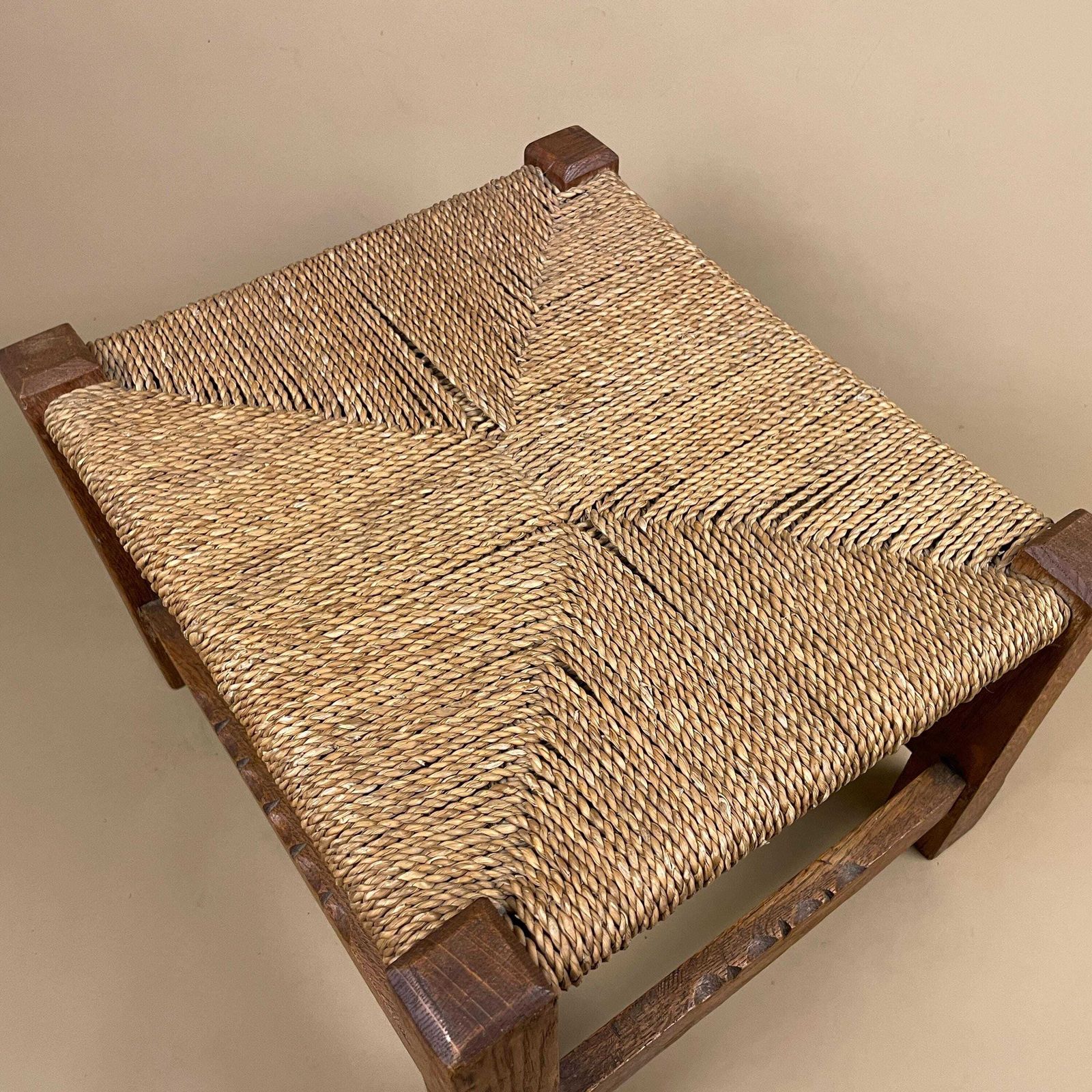Antique Wooden Stool Woven String Wood Cottage Furniture Rectangle Brown Hallway Seat 22.2x30x34cm Footstool Bench Square photo vinterior