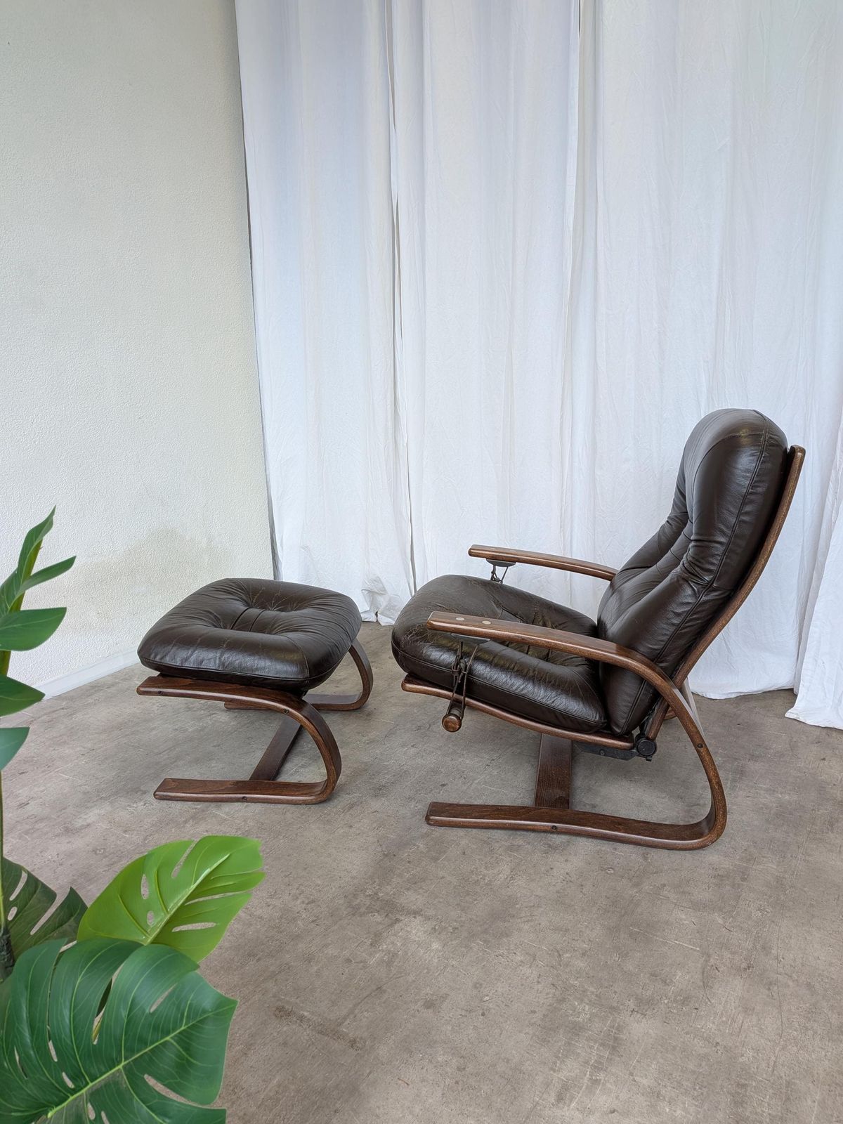 Vintage Panther Lounge Chair With Ottoman / Brown Leather Recliner Armchair / Bentwood Frame / Mid Century 1970s photo furniture